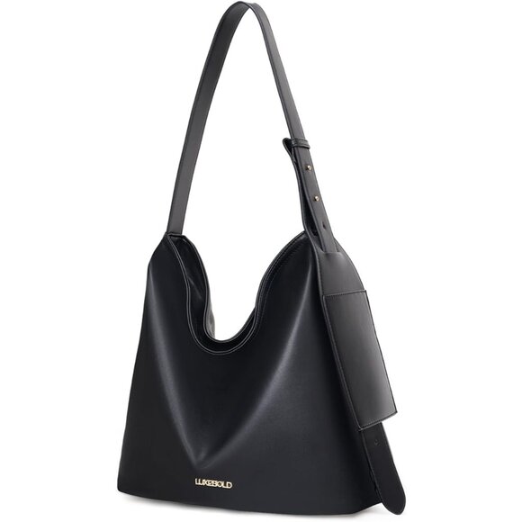 Women's Tote Hobo Vegan Leather Shoulder Strap Zippered Pocket Black Bag - Picture 4 of 5